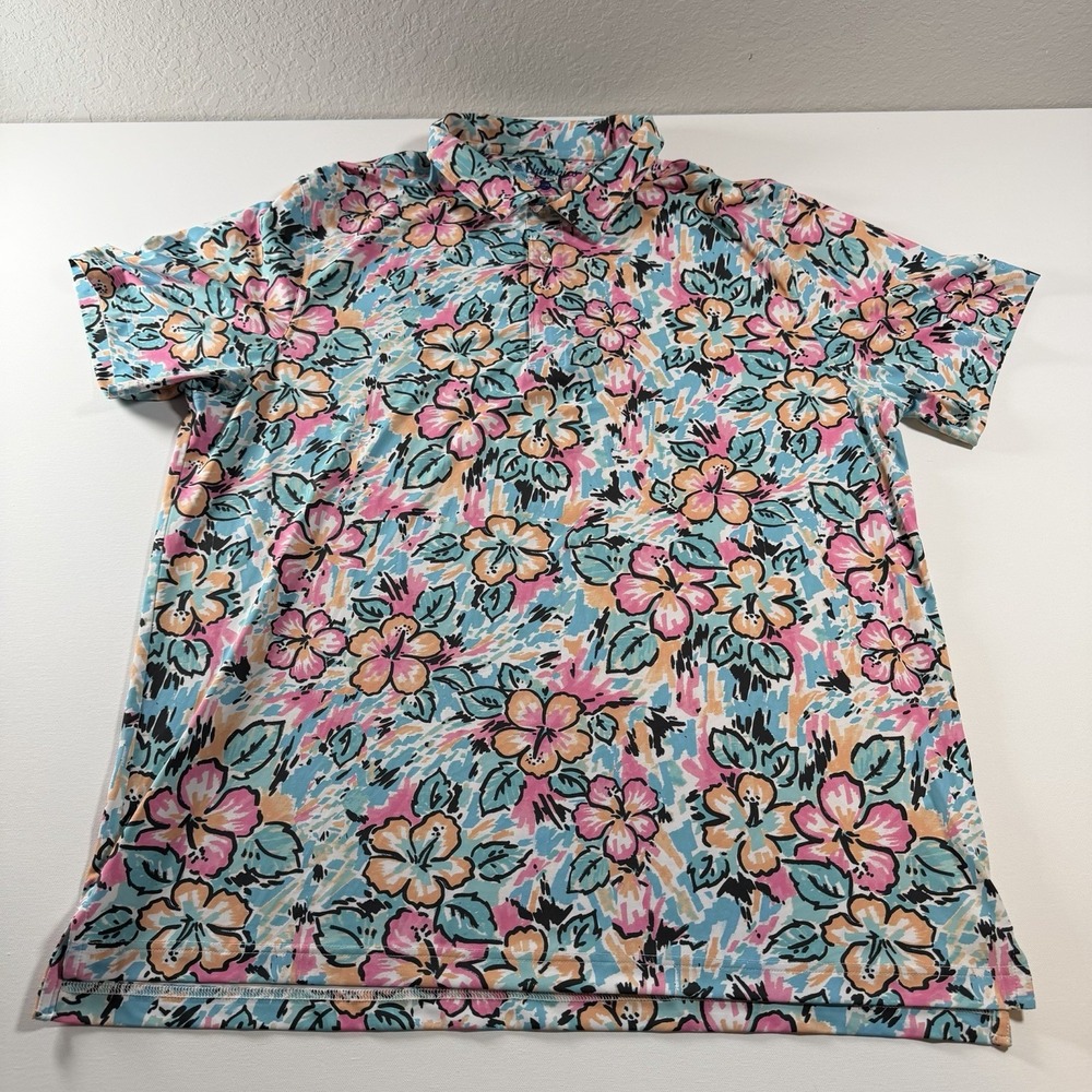 Chubbies Tropical Hibiscus Floral Performance Polo Shirt Men's XXL Aqua Pink